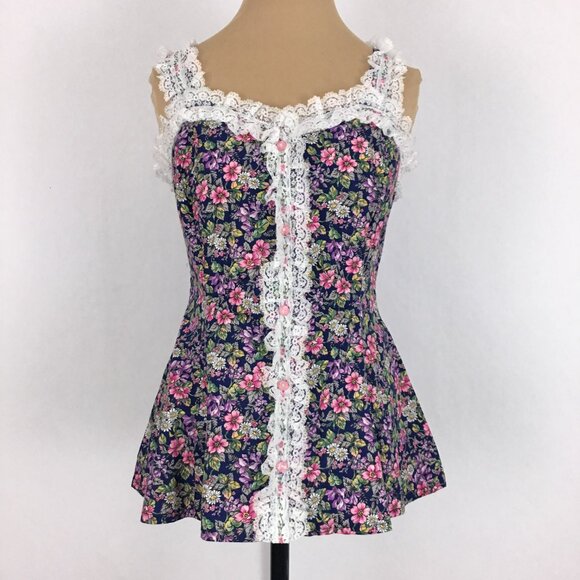 80s Floral Lace Trim Vintage Top Co-ord Set - Picture 4 of 13